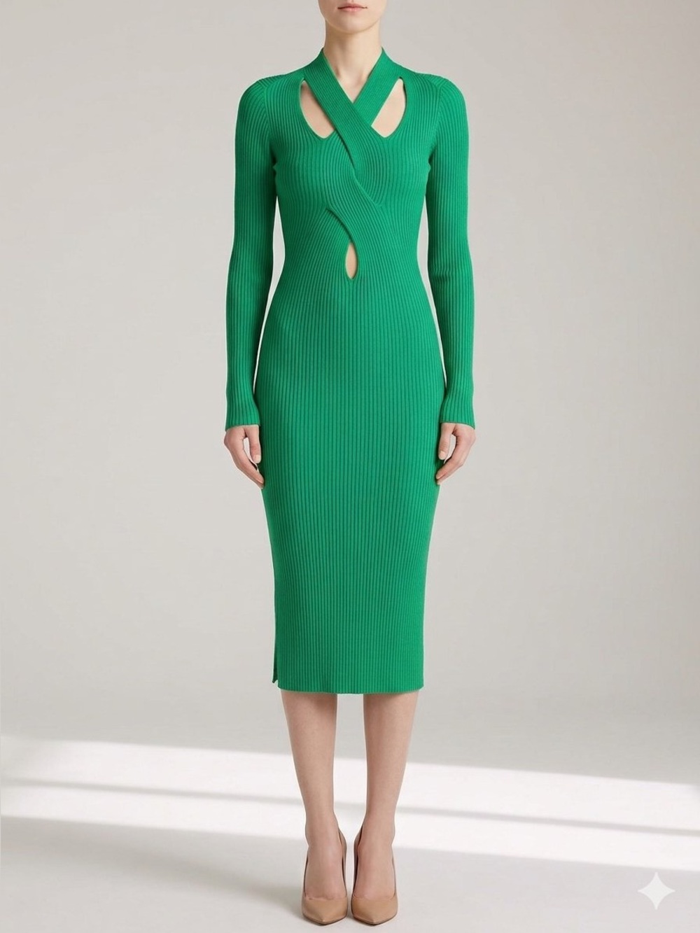 SHEIN Emerald Green Ribbed Long-Sleeve Midi Dress